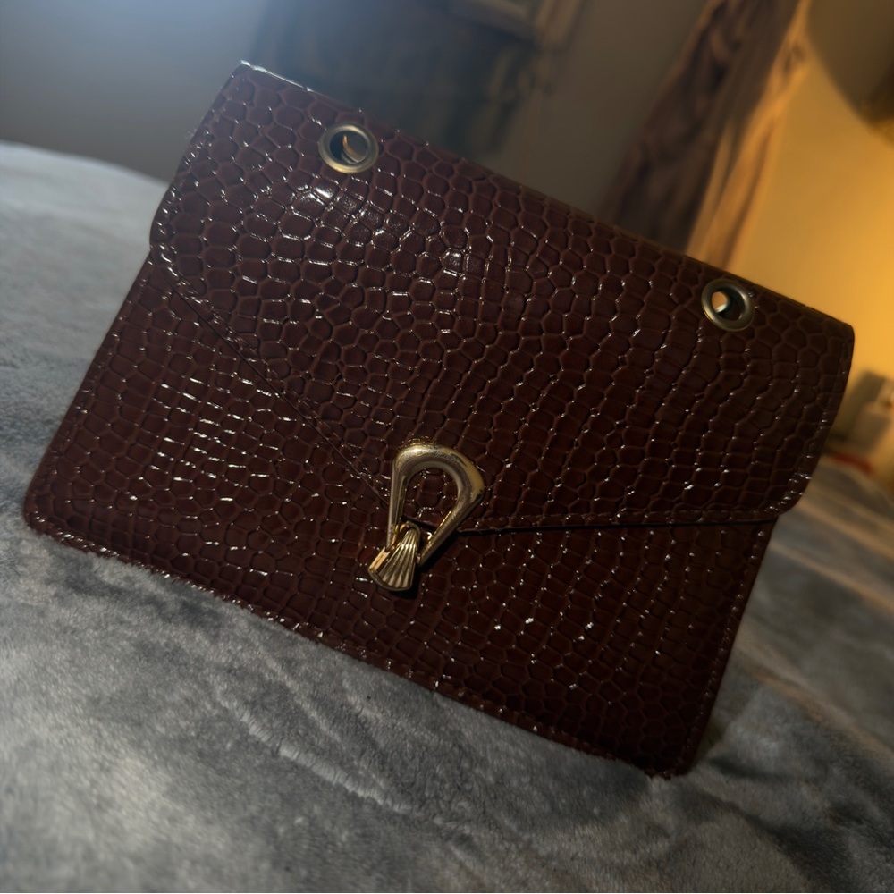 Brown Crocodile Pattern Clutch - image 1